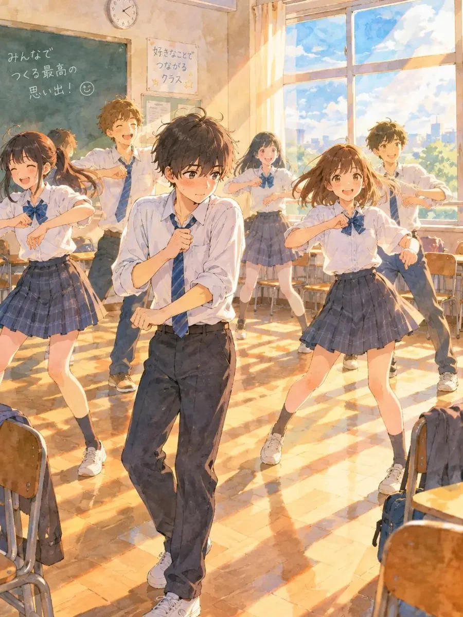 《班会课的拉丁舞》封面插画:明亮的教室里桌椅被推到一边,全班学生在练习舞蹈 《班会课的拉丁舞》封面插画:明亮的教室里桌椅被推到一边,全班学生在练习舞蹈