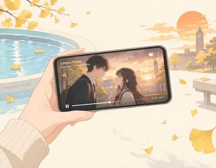 电影剧本 APP 界面插画 电影剧本 APP 界面插画:手中手机播放校园许愿池场景的短剧集