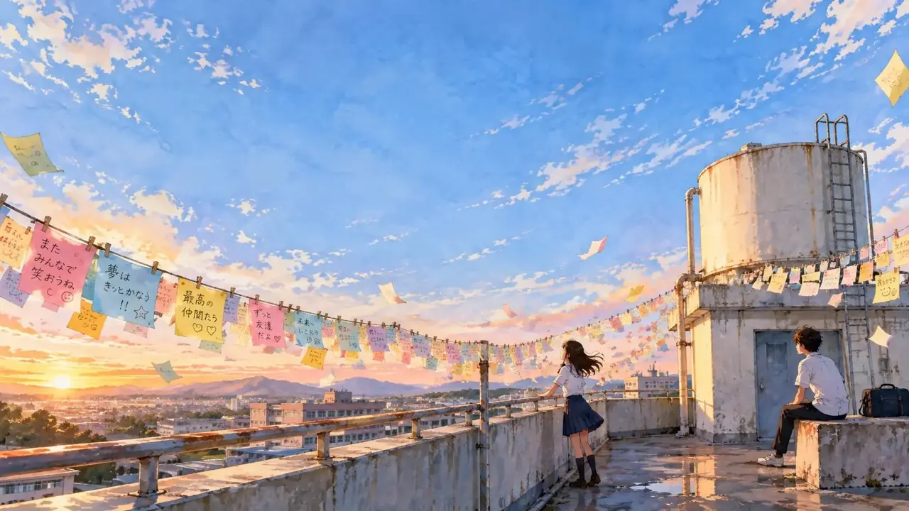 首屏插画:教学楼天台晾衣绳上挂满彩色便签,晚风与橘色余晖 首屏插画:教学楼天台晾衣绳上挂满彩色便签,晚风与橘色余晖