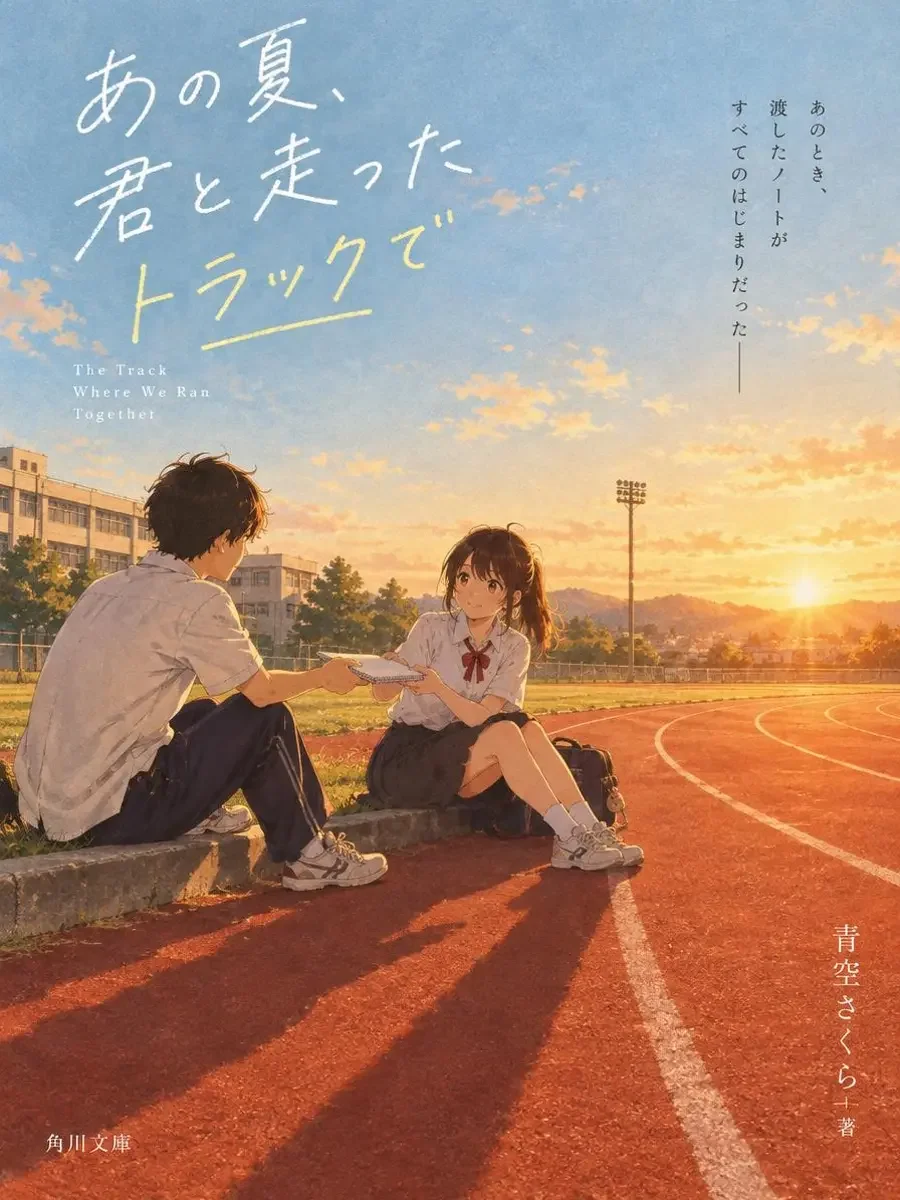 《操场的第七节课》封面插画:夕阳下的红色塑胶跑道,两名学生并肩坐在跑道上传递笔记本 《操场的第七节课》封面插画:夕阳下的红色塑胶跑道,两名学生并肩坐在跑道上传递笔记本