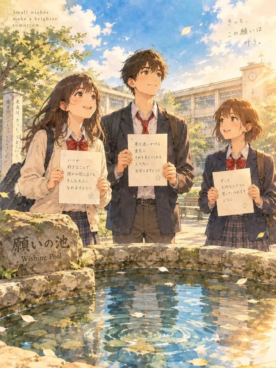 《许愿池旁的朗读》封面插画:校园许愿池旁三名朗诵社学生手持手写诗稿,晴空与橘色夕光 《许愿池旁的朗读》封面插画:校园许愿池旁三名朗诵社学生手持手写诗稿,晴空与橘色夕光