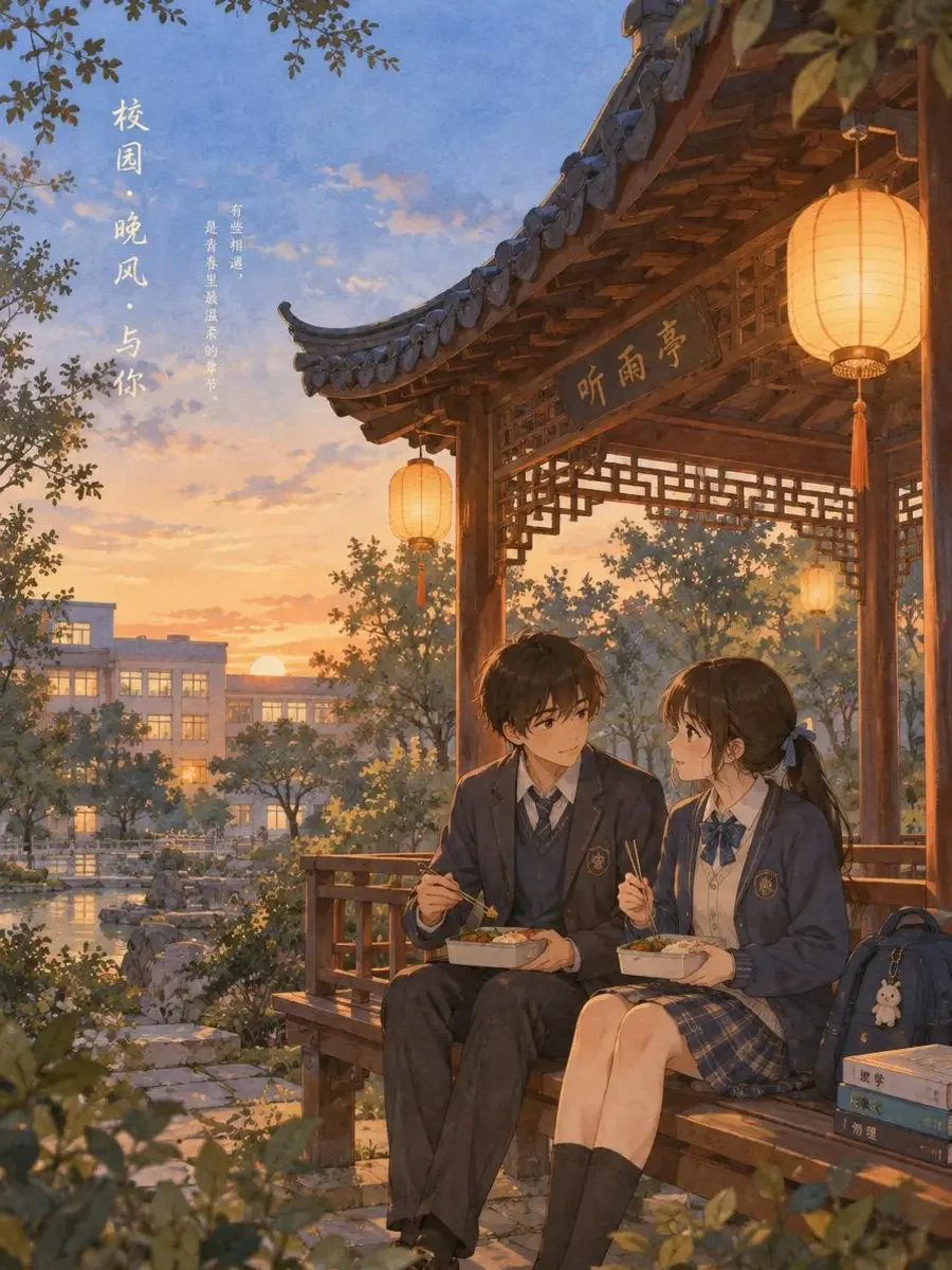 《书院小亭的晚自习》封面插画:校园小亭木凳上两名学生分一盒饭,暮色中暖黄灯笼 《书院小亭的晚自习》封面插画:校园小亭木凳上两名学生分一盒饭,暮色中暖黄灯笼