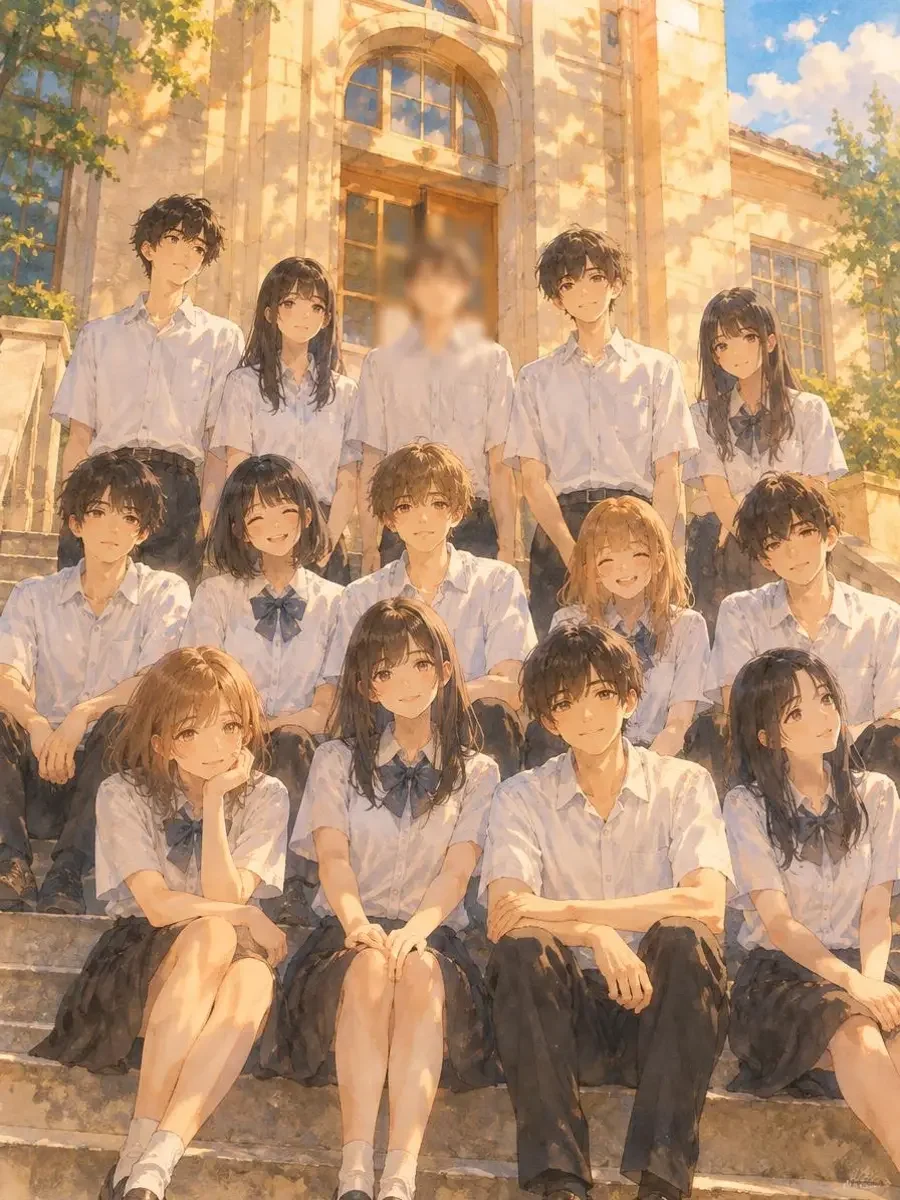 《第三排的毕业合影》封面插画:校园台阶上白衬衫学生排排合影,第三排有一个模糊的身影 《第三排的毕业合影》封面插画:校园台阶上白衬衫学生排排合影,第三排有一个模糊的身影